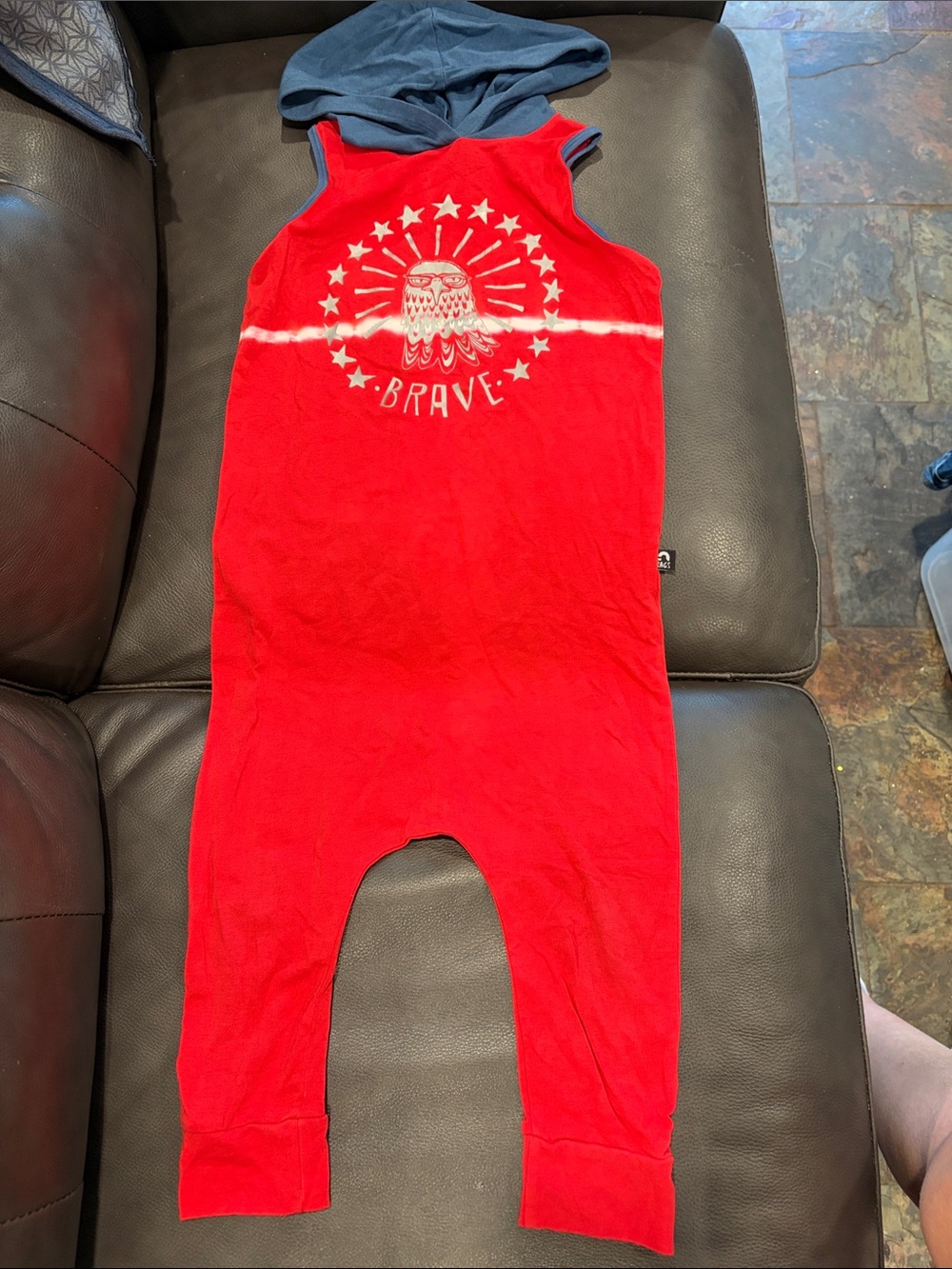 Rags to Raches Red Sleeveless Hooded Romper with Navy Hood